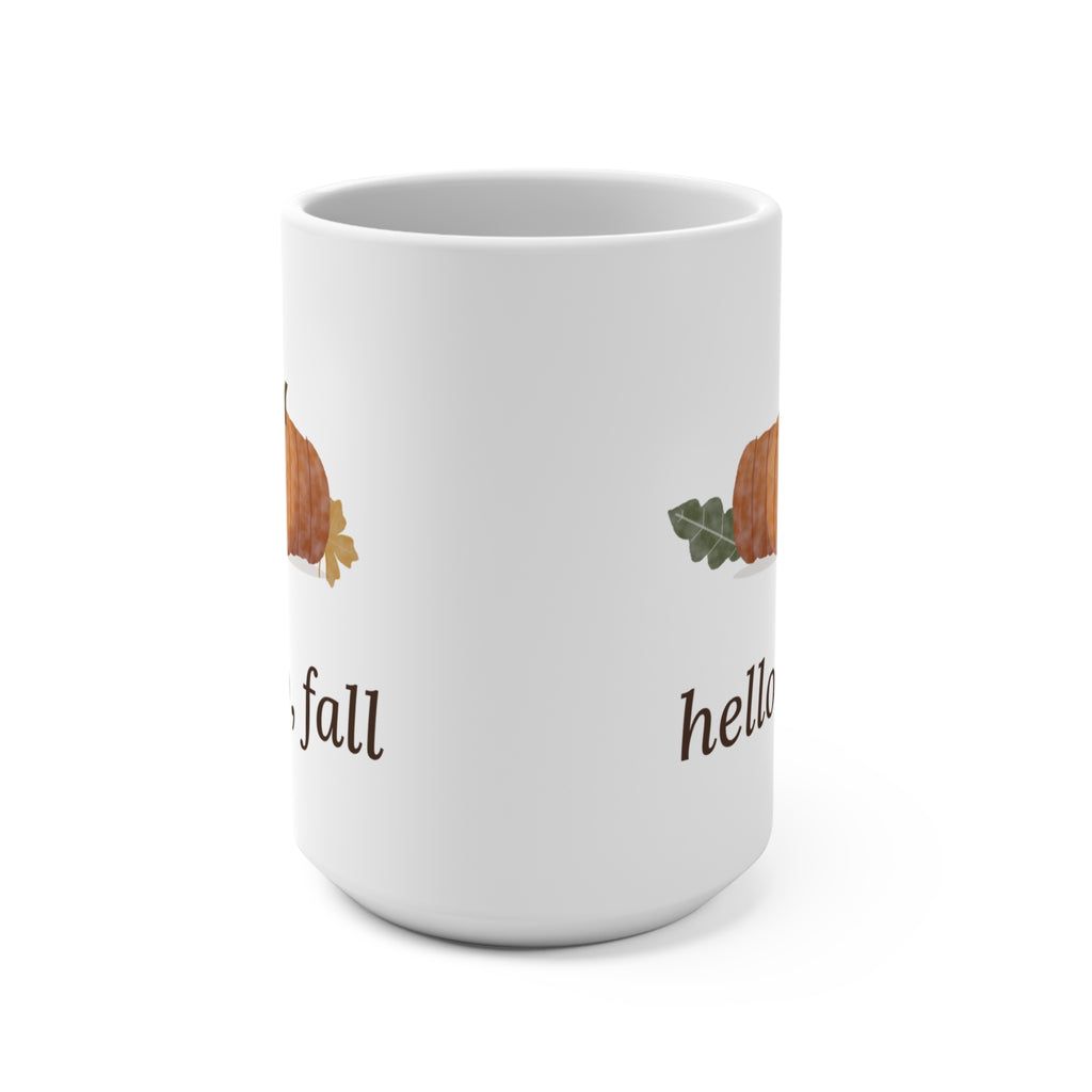 "Hello, Fall" Pumpkin Mug – 15 oz Watercolor Autumn Coffee Mug