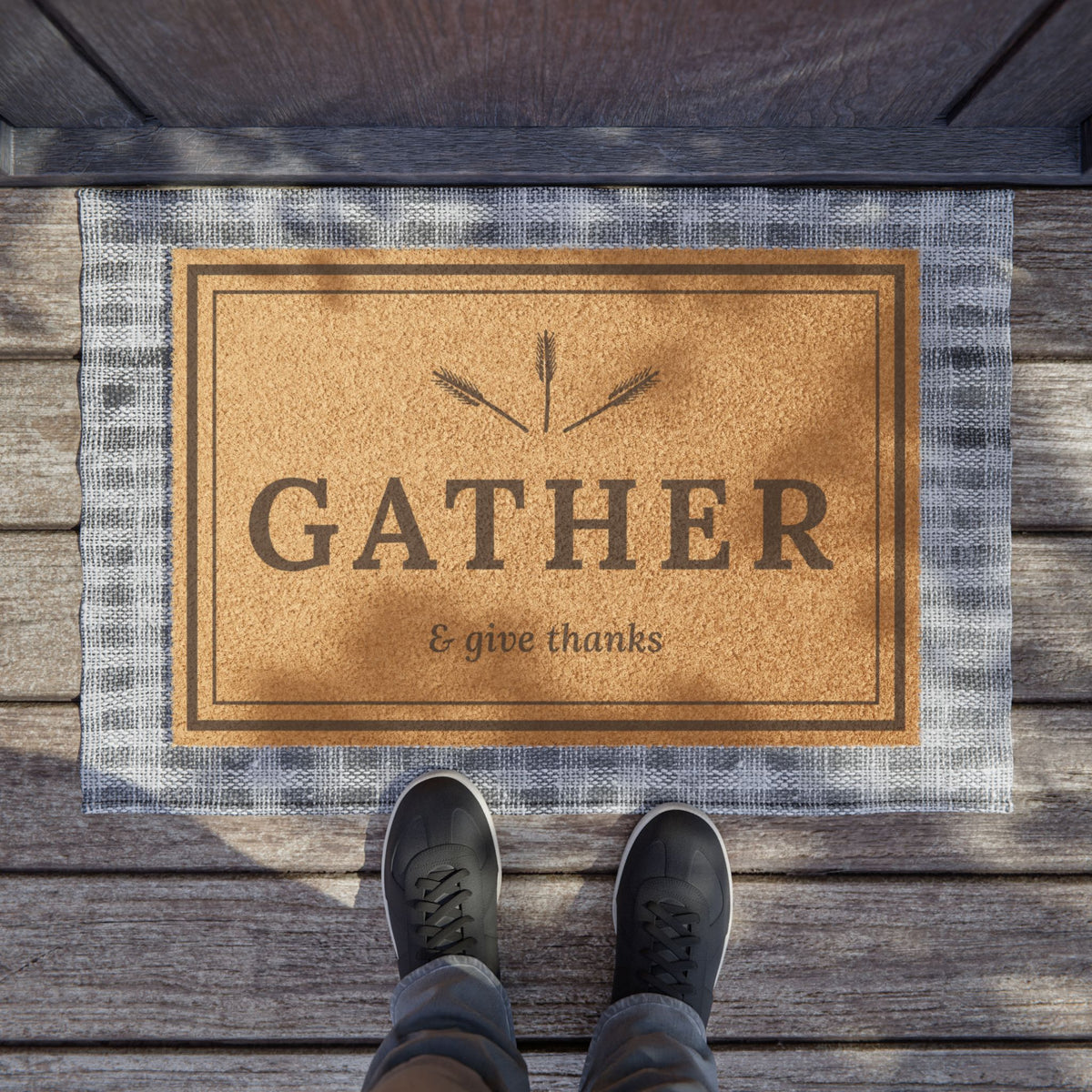 "Gather & Give Thanks" Doormat – Farmhouse Fall Welcome Mat