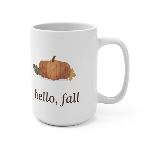 "Hello, Fall" Pumpkin Mug – 15 oz Watercolor Autumn Coffee Mug