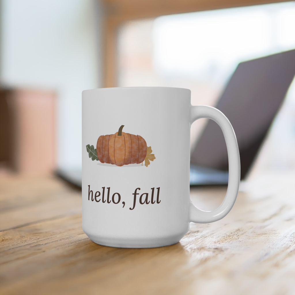 "Hello, Fall" Pumpkin Mug – 15 oz Watercolor Autumn Coffee Mug