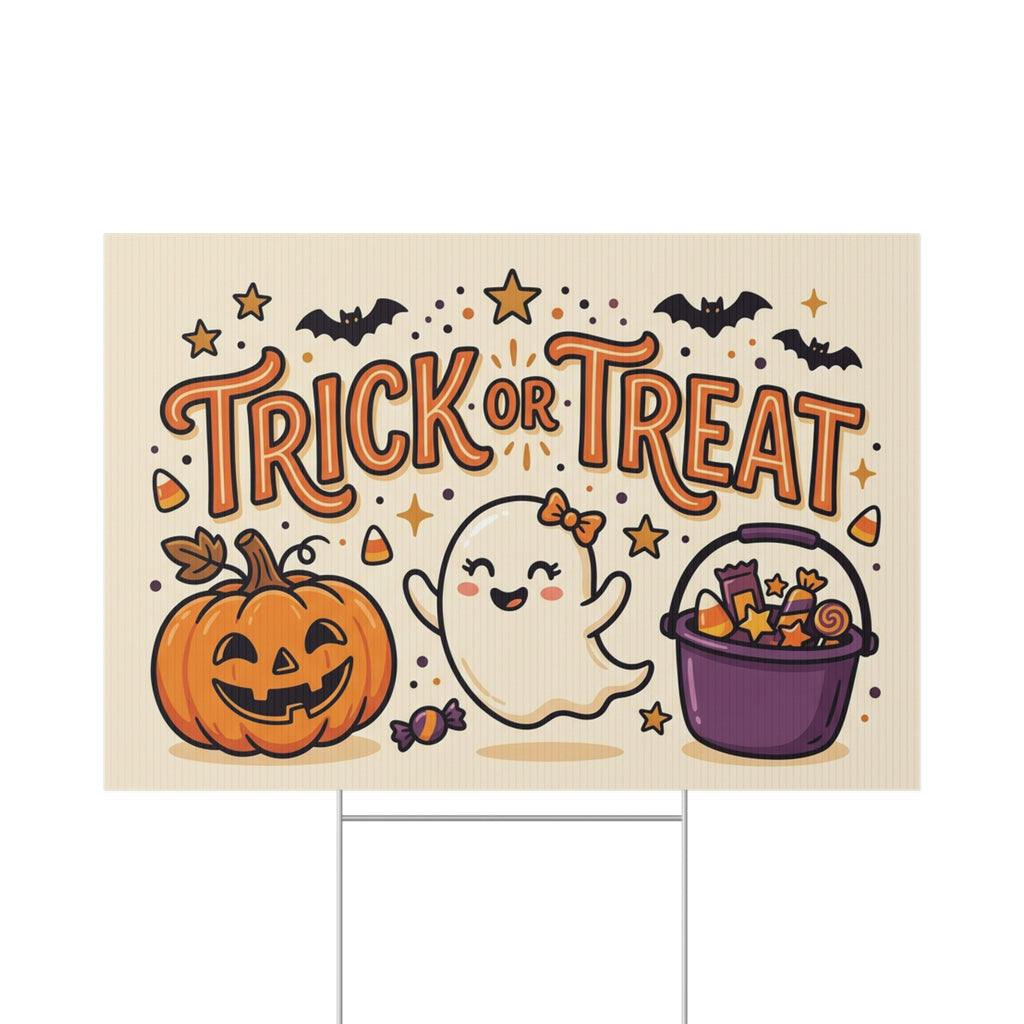 Trick or Treat Halloween Lawn Sign — Cute Ghost, Pumpkin & Candy Yard Decor