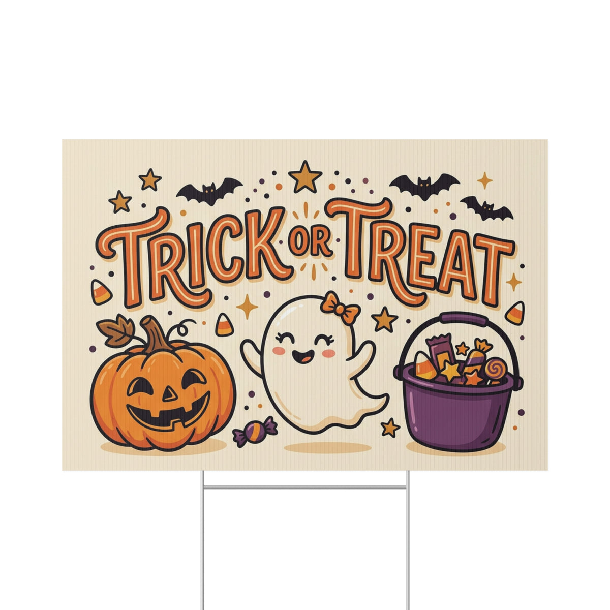Trick or Treat Halloween Lawn Sign — Cute Ghost, Pumpkin & Candy Yard Decor