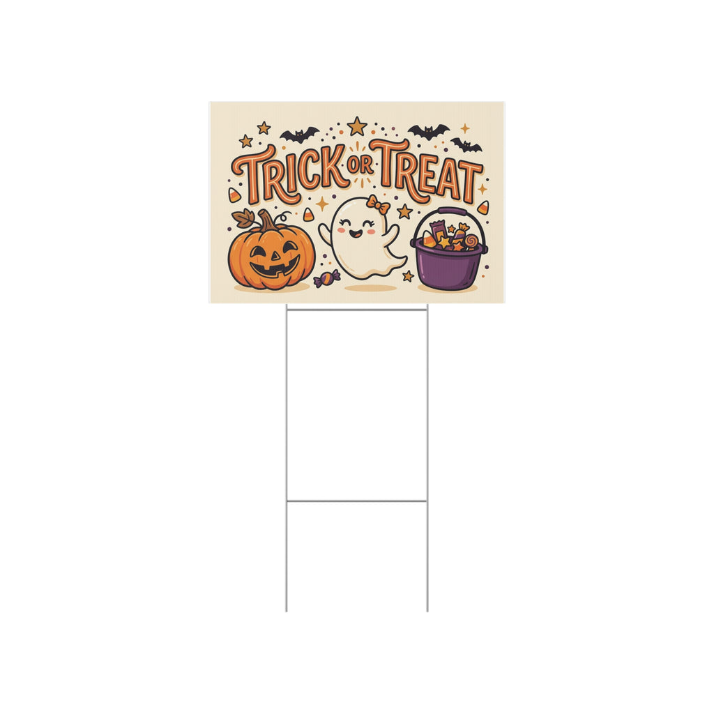 Trick or Treat Halloween Lawn Sign — Cute Ghost, Pumpkin & Candy Yard Decor