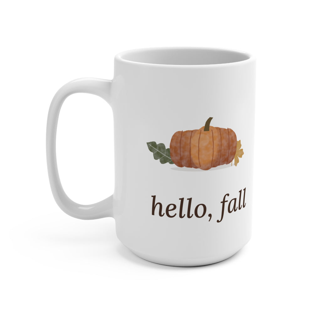 "Hello, Fall" Pumpkin Mug – 15 oz Watercolor Autumn Coffee Mug