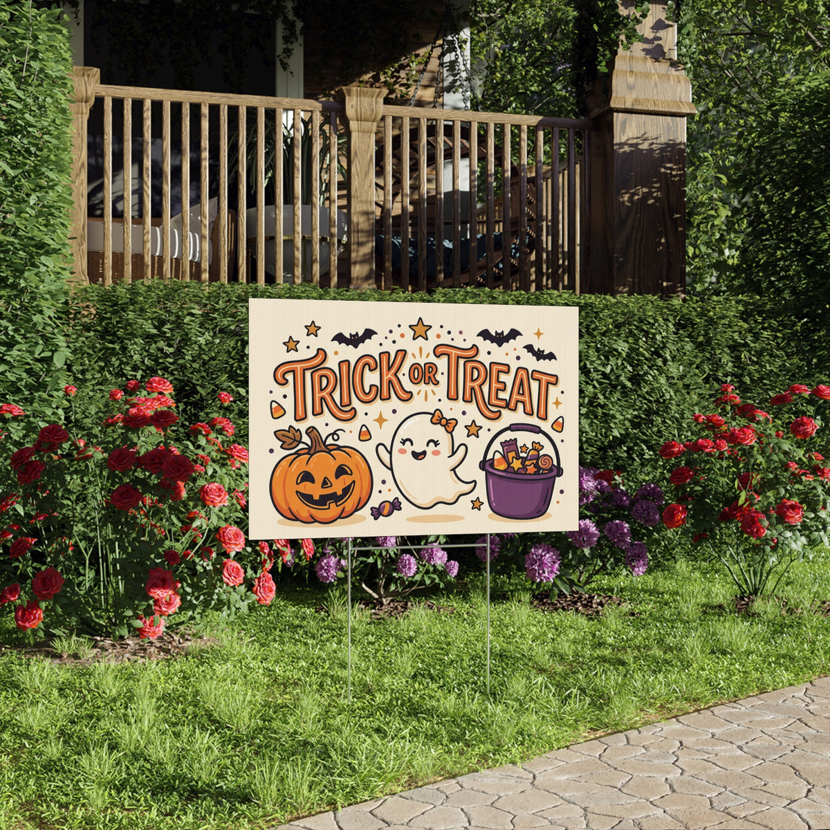 Trick or Treat Halloween Lawn Sign — Cute Ghost, Pumpkin & Candy Yard Decor